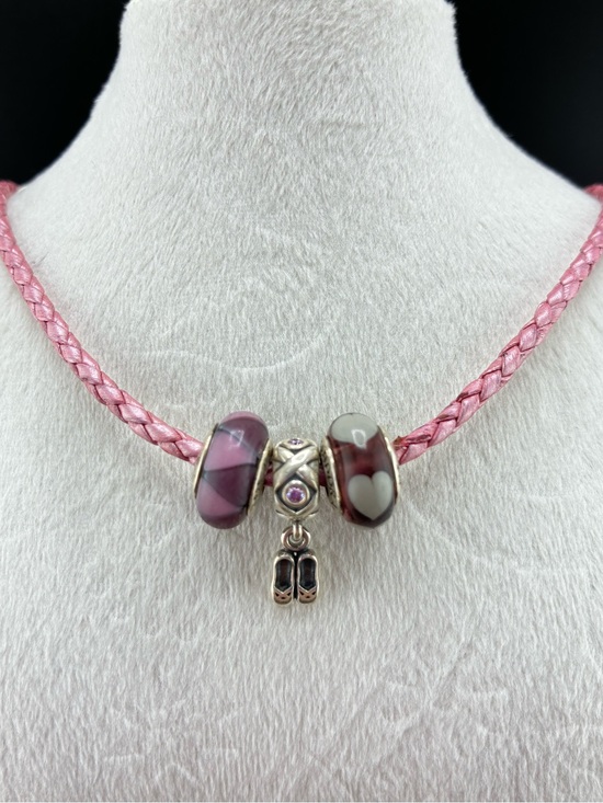 Pandora Jewelry - Pandora Pink Braided Necklace with pink/purple Bead Charms and Ballet slippers